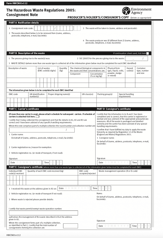 Blank hazardous waste consignment note